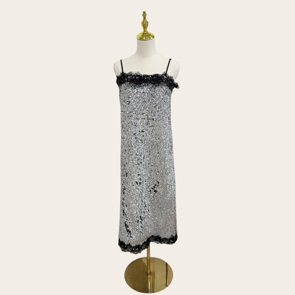 Gianni Bini Lilly Sisto Allegra Silver Sequin Dress Lace Trim Square Neck Party - Picture 4 of 15